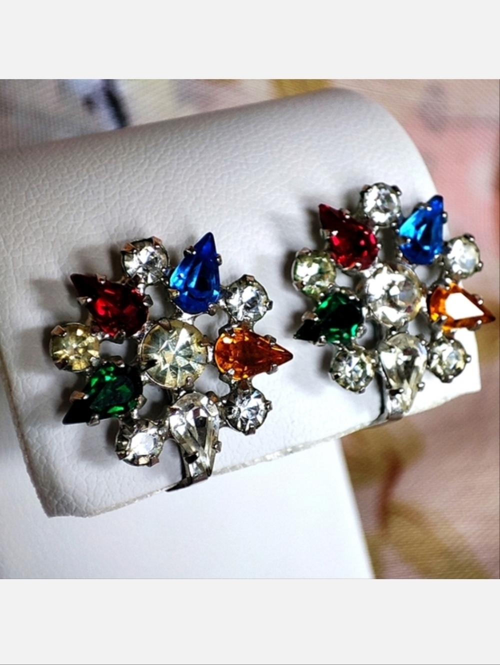 B. David Signed Multi Color Rhinestone Prong Set Clip Earrings Shoe Clips